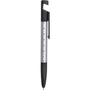 A multifunction pen in black and silver, featuring a ruler and various writing functions.