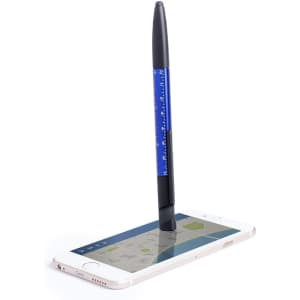 A blue and black multifunction pen standing upright on a smartphone screen, showcasing its sleek design and branding.