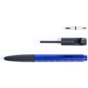 A multifunction pen in blue with black accents, including interchangeable components and a logo.