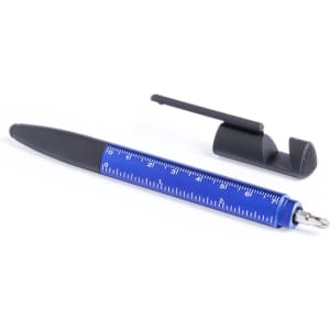 A blue multifunction pen with a ruler design and a black clip, featuring a sleek modern look.