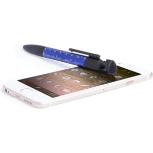 A multifunction pen in blue and black placed on a smartphone screen, showcasing its various features.