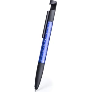 A multifunction pen in blue and black featuring a ruler, with a clip. It has a sleek design and includes various writing functions.
