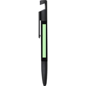 A black multifunction pen with a green accent, featuring additional tools integrated into its design.