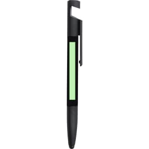 A black multifunction pen with a green accent, featuring various writing options and a clip for attachment.