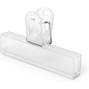 A clear plastic clip with a metal spring mechanism, designed for attaching items securely.
