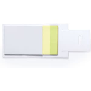 A notepad in white, featuring grey and yellow sticky notes, with a slot for easy access. It has a logo present.