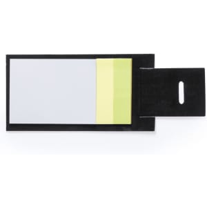 A black notepad featuring several sticky note sections in white and yellow. It includes a pocket-like opening.