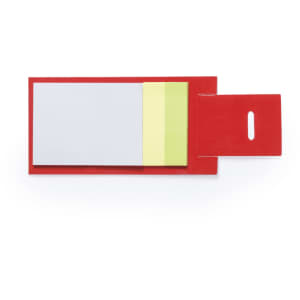 A red notepad with grey and yellow sticky notes, featuring a slot for easy handling. It has a logo on the front.