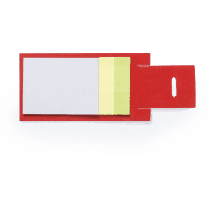 A red notepad with white and yellow sticky notes, featuring a slot for easy attachment.