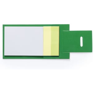 A green notepad featuring a white writing surface and yellow sticky notes, with a slot for easy access.