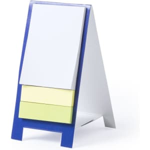 A triangular notepad holder in blue with a white top pad and two sticky note pads in light green and yellow.