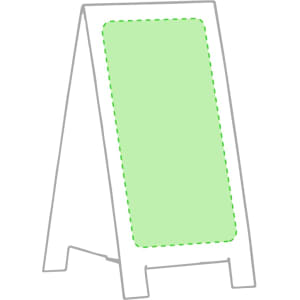 An A-frame sign with a green display surface and a simple white outline, designed for promotional use.