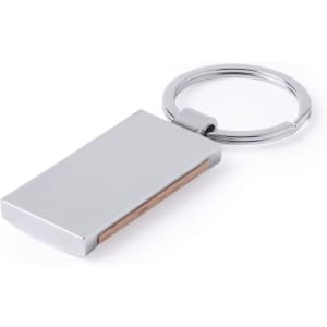 A silver keyring with a sleek rectangular design, featuring a copper accent and a circular ring attachment.