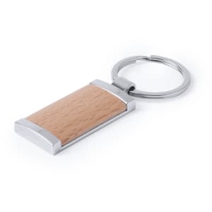 A rectangle keyring with a wooden design and silver accents, featuring a round keyring attachment.