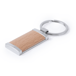 A wooden keyring with a silver metal frame and ring, featuring a natural light wood finish.