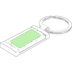 A rectangular silver keyring with a green accent and a loop for attaching keys, featuring a branding area.