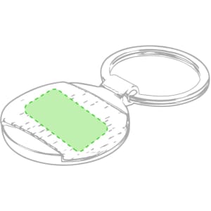 A round keyring with a green insert and a metal keyring attachment. It features a simple design.