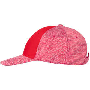 A red and patterned cap with a curved brim and a logo on the side.
