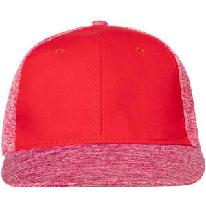 A red cap with a textured design, featuring a solid front and a patterned brim. It includes a logo on the front.
