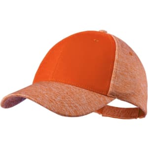 An orange cap with a textured pattern and a curved brim, featuring a logo on the front.