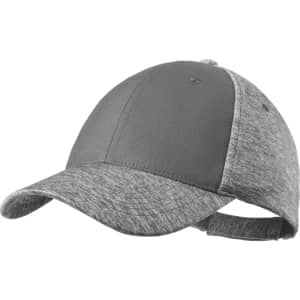 A grey cap featuring a solid front panel and a heathered back, equipped with an adjustable strap and branding.