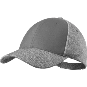 A grey cap featuring a textured design and an adjustable strap at the back. It has a logo on the front.