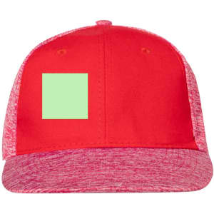 A red cap with a textured brim and a green square on the front, featuring a logo on the side.