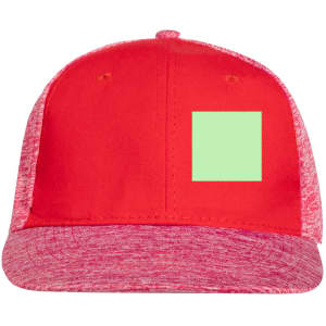 A red cap with a contrasting green square on the front and a textured grey brim. It features a logo.