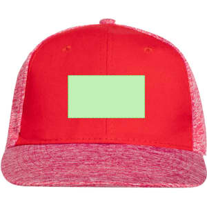 A red cap with a textured brim and a blank rectangular area on the front. It features a logo.