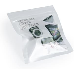A webcam cover joystick in a clear packaging, featuring a simple design and various shades of grey.