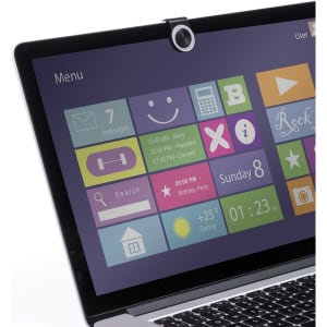A laptop screen displaying a colourful interface with various app icons and a webcam cover atop the screen.
