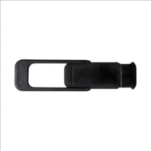 A black webcam cover with a sliding mechanism for privacy protection. It features a simple, sleek design.