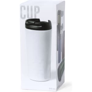 An insulated travel mug in white with a black lid, presented in a clear box with a logo.
