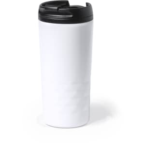 A drink bottle in matte white with a black lid and a textured grip design, featuring a logo.