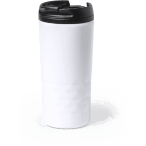 A travel mug featuring a white body with a black lid and an embossed diamond pattern. It has a logo on the surface.