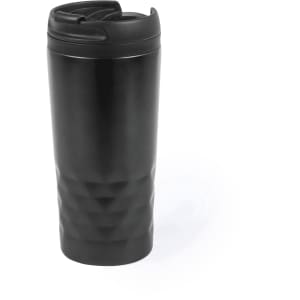 A drink bottle in black with a textured design and a secure lid for travel use. It features a logo.