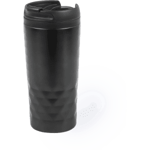 A black insulated travel mug with a textured design and a flip-top lid. Features a logo.