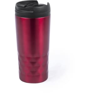 A drink bottle in shiny red with a textured design and a black lid, featuring a logo. Perfect for travel.