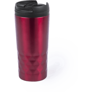 A travel mug in vibrant red with a textured design and a black lid. It features a logo on the surface.