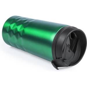 A green insulated travel mug with a textured design and a black lid featuring a flip-top opening.
