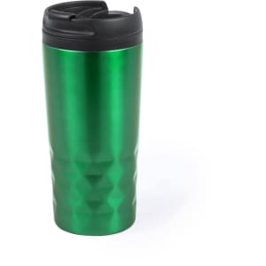 A green insulated travel mug with a black lid, featuring a textured surface and a logo.
