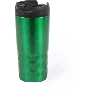 A green insulated travel mug with a textured design and a black lid. It features a logo on the surface.