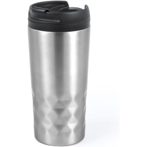 A stainless steel insulated travel mug with a black lid and a textured, geometric design.