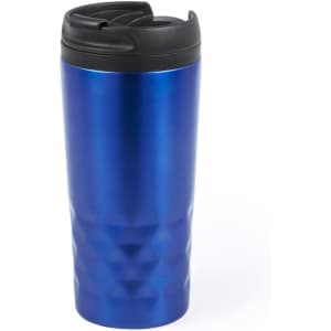 A blue insulated cup with a textured design and a black lid, featuring a logo on the side.