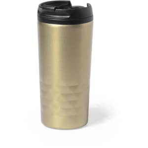 A travel mug in metallic gold with a black lid and textured design. It features a logo.