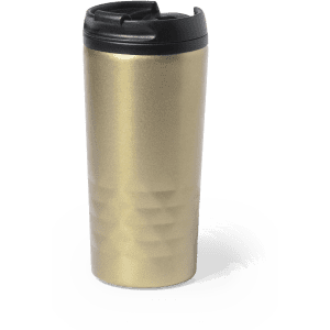 A drink bottle in a gold finish with a black lid, featuring a textured design and a branding logo.