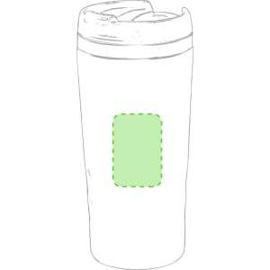 A travel mug featuring a white body, a lid with a drinking spout, and a green empty space for branding.