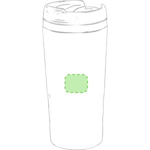 A travel mug with a removable lid and a green section for branding, featuring a white body.