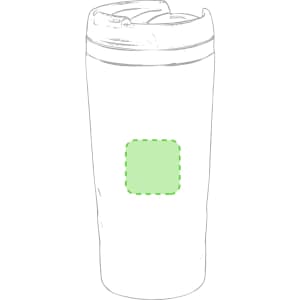 A travel mug in white with a green accent. It features a lid and has a logo on the front.