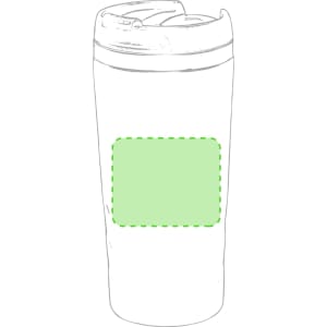 A travel mug featuring a sleek design with a lid and a space for branding. The cup is uncoloured.
